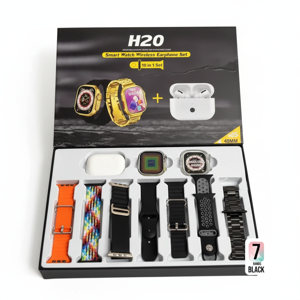 H20 Ultra Smart Watch with 7 Straps & AirPods – 2-in-1 Combo
